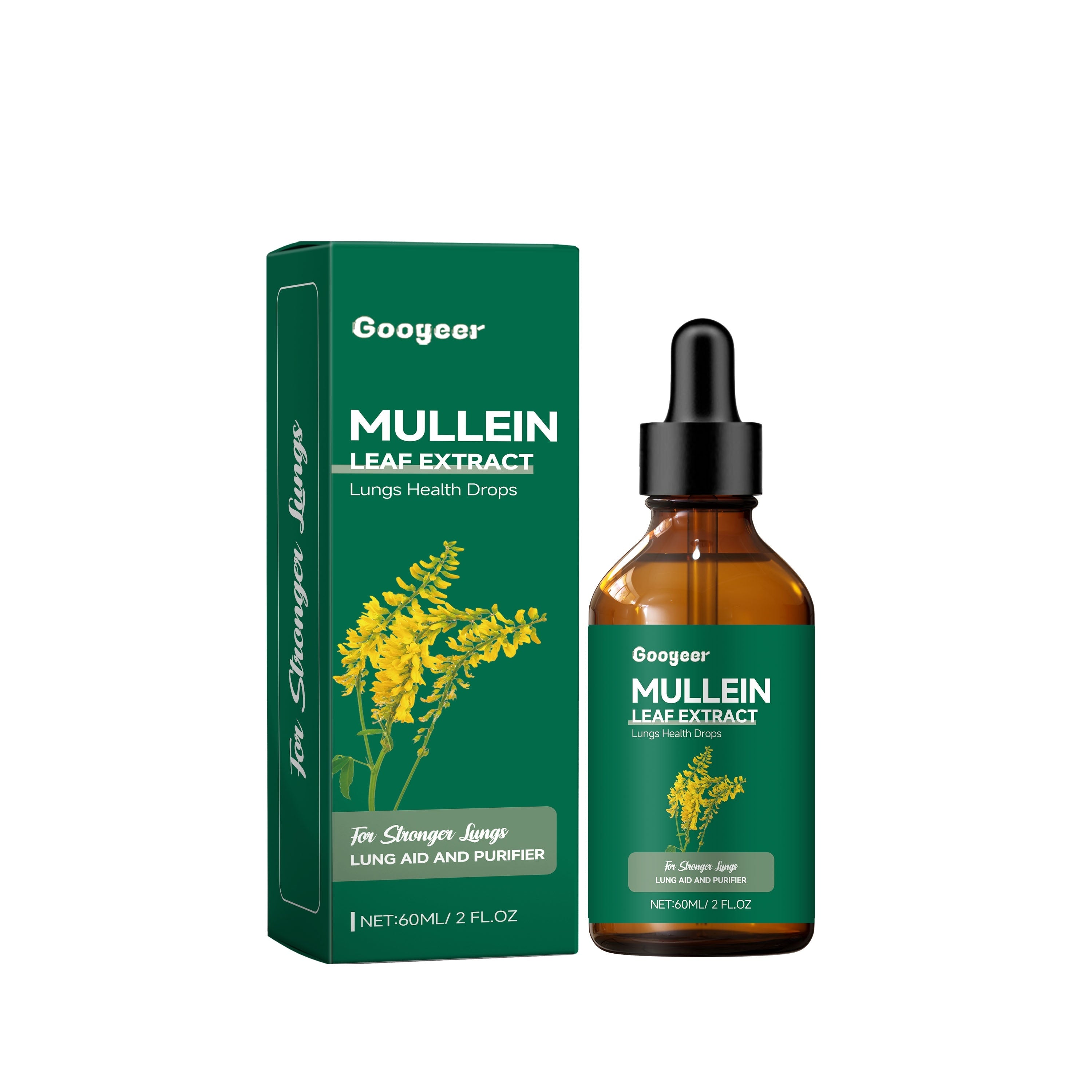 Googear Mullein Leaf Extract Lungs Health Drops 60ml bottle with box for lung health and purification.